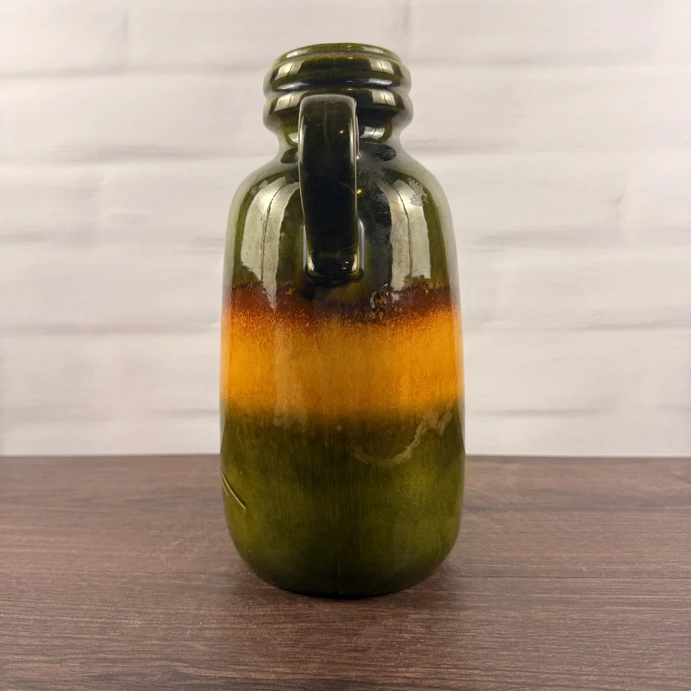 Scheurich 413-26 West German Pottery Krug Handled Vase Green Amber